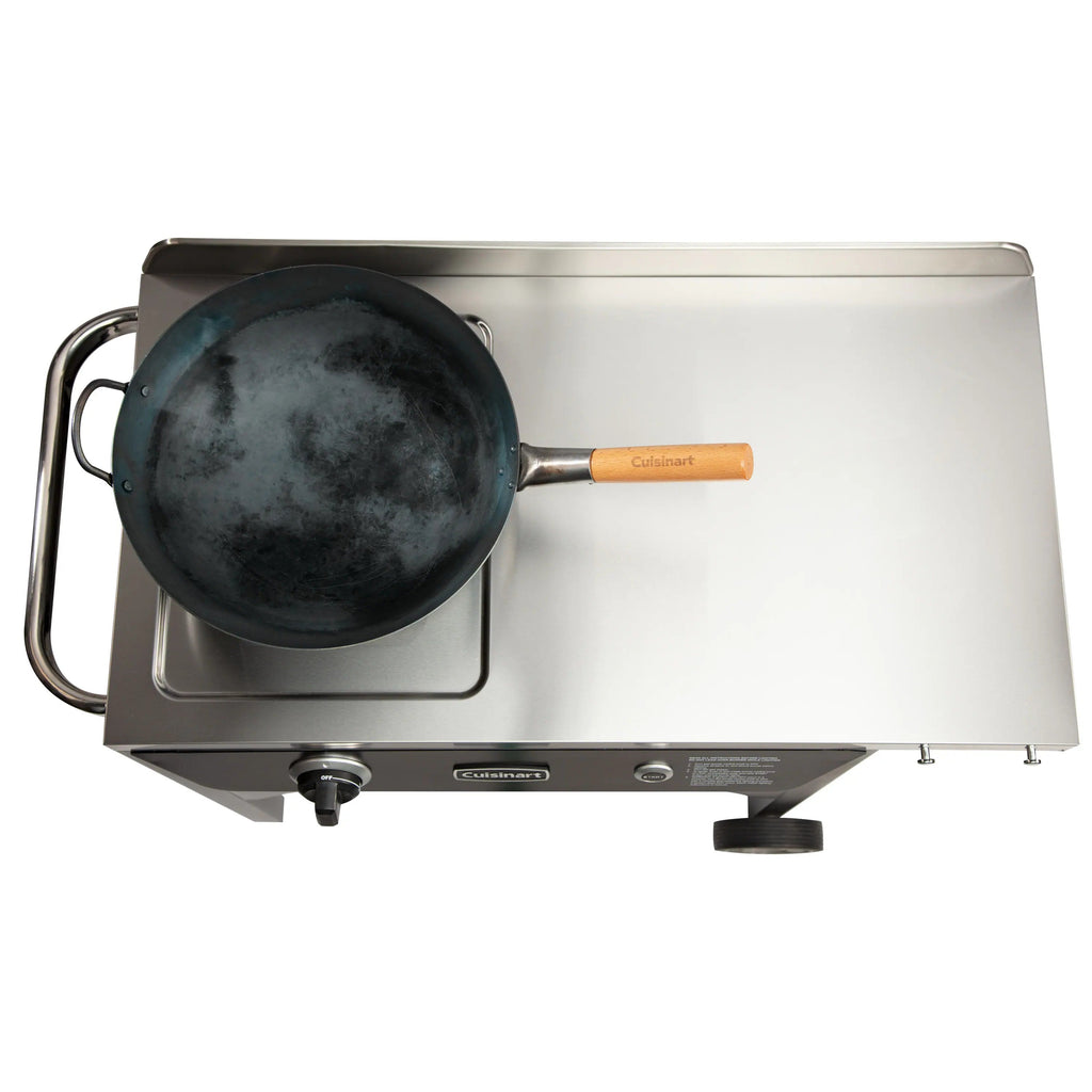 Cuisinart Outdoor Wok Station, 50,000 BTU Propane Outdoor Wok Burner w Prep Table, 14�测�� Carbon Steel Wok for Stir Fry, Searing, BBQ �� Black