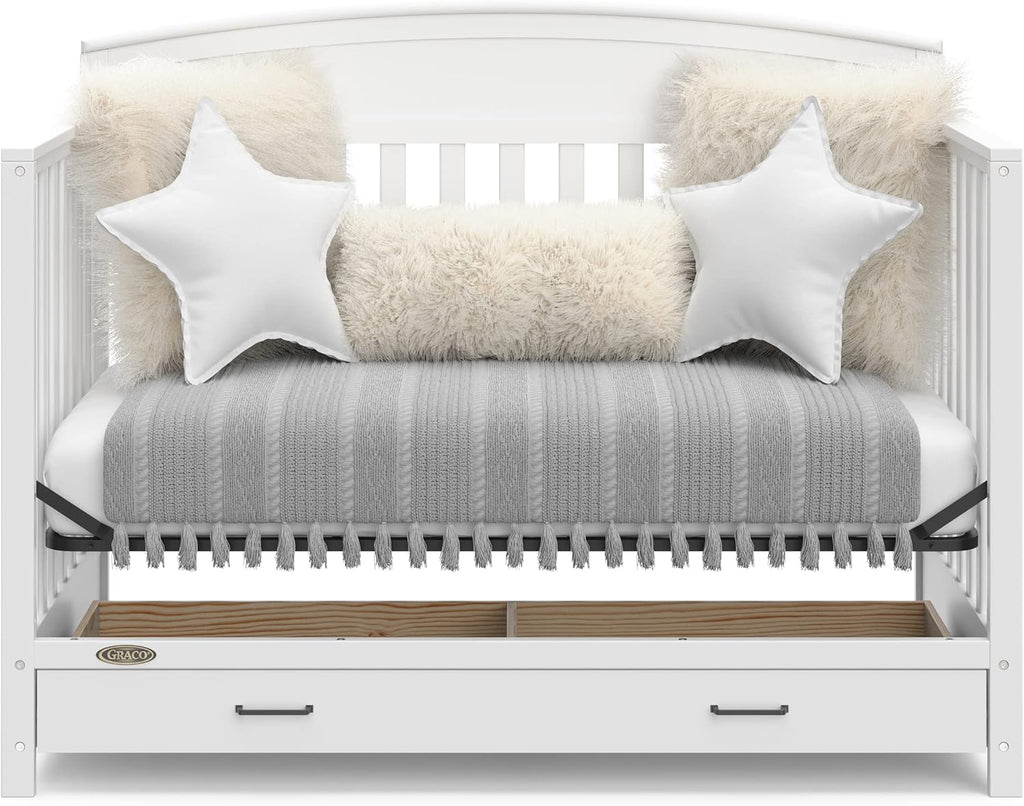 5-in-1 Convertible Baby Bed (with drawers, white) - Green Guardian Gold Certification, built-in baby bed storage drawer, convertible to toddler bed, day bed and full-size bed