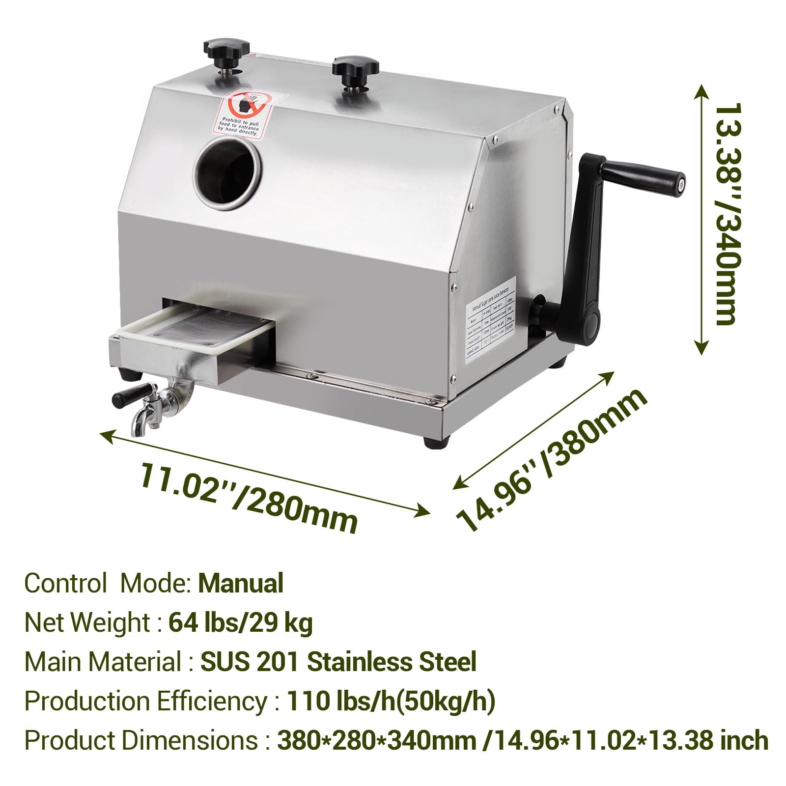Manual Sugar Cane Juicer Machine, Sugar Cane Press with 3 Stainless Steel Drums and 2.4-inch Large Inlet, Sugarcane Juice Machine with 110LBS/H, Suitable for Home/Commercial Use