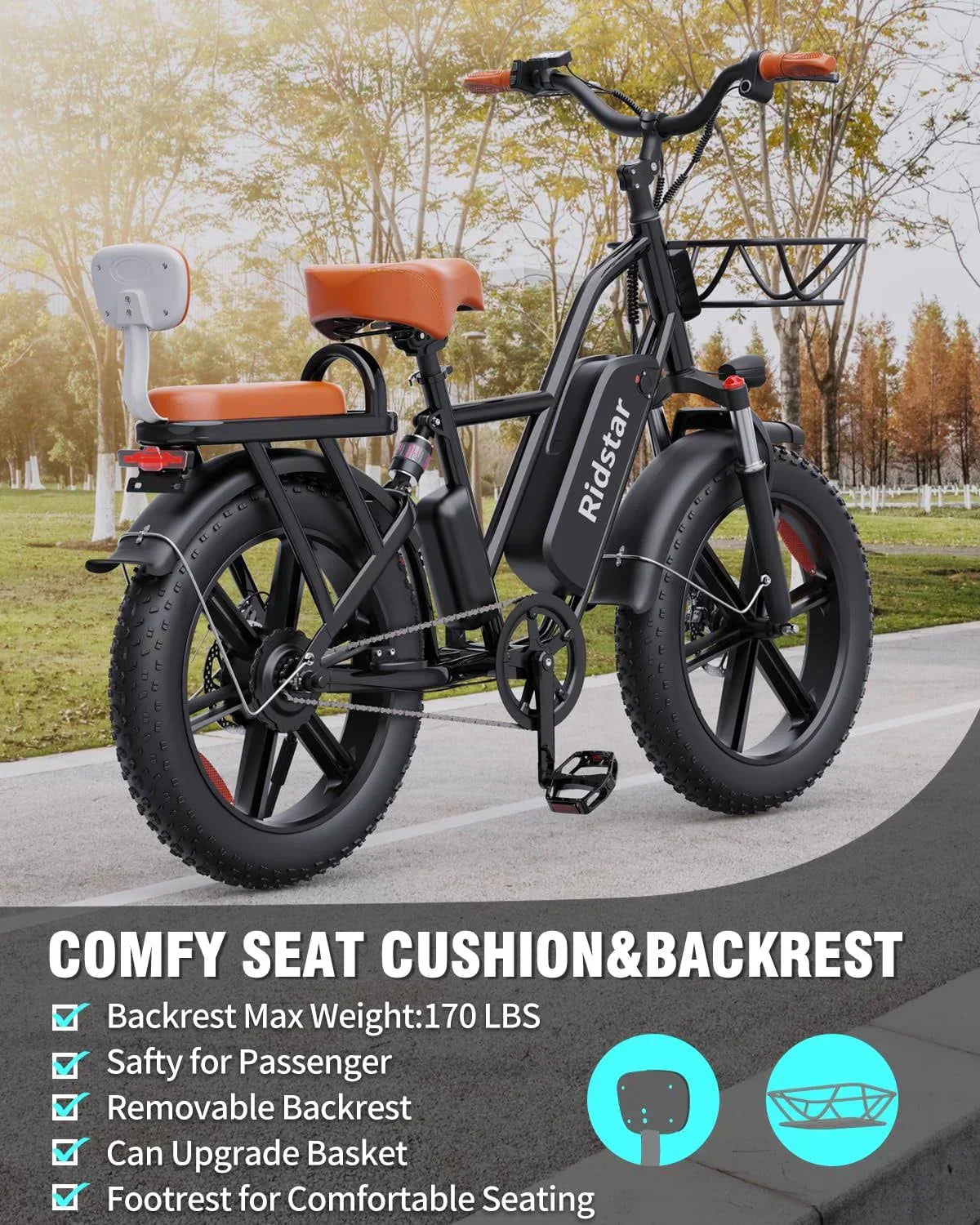 Bopzin 1000W Electric Bike for Adults 48V 15Ah Removable Battery Ebike 20" x 4.0 - 1000W